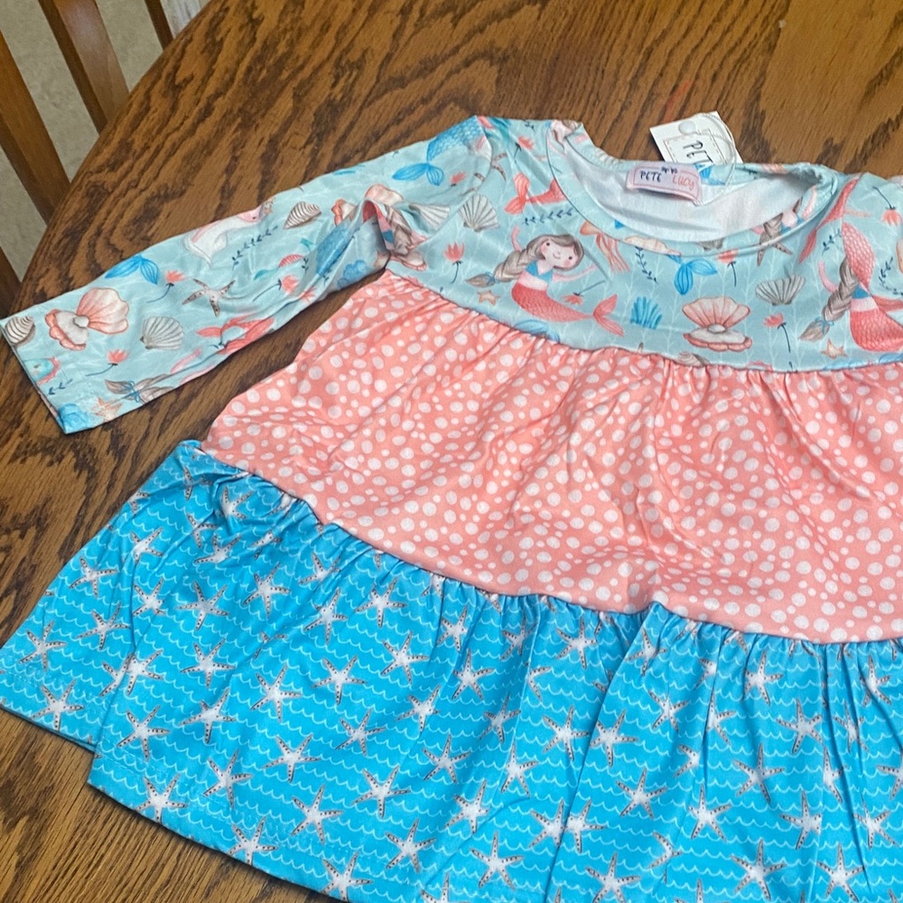Mermaid Print Kids Casual Dress - Pink and Blue